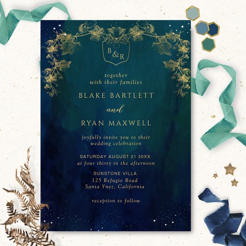 Blue Navy and Green Celestial Monogram Wedding Invitation