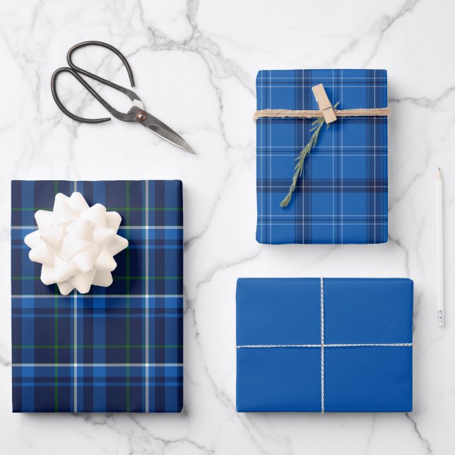 Blue, Navy and  White Plaid Wrapping Paper Sheets (Front)