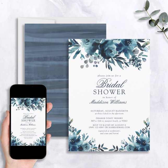 Blue Navy Blue Flowers Rustic Bridal Shower Invitation (Creator Uploaded)