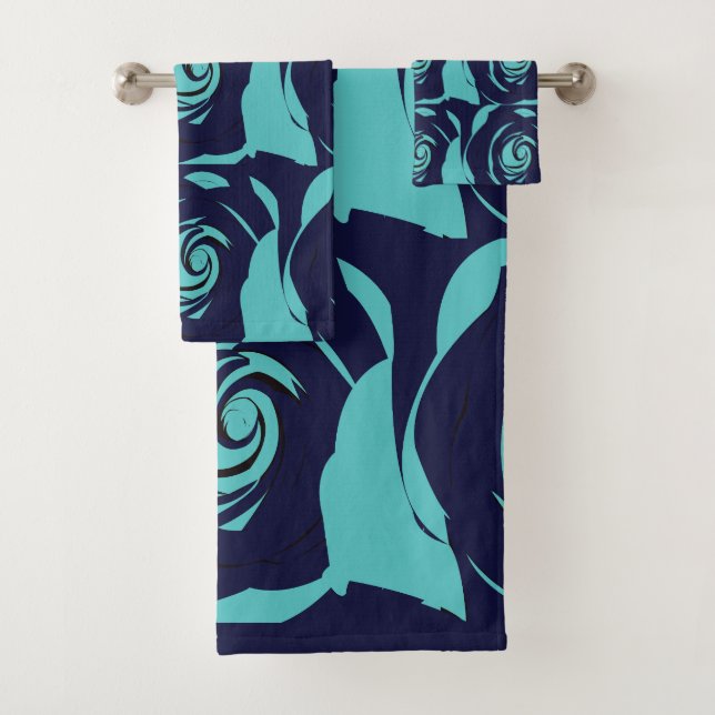 Blue Navy Blue Rose Flower Floral Pattern Bath Towel Set (Insitu)