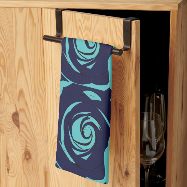 Blue Navy Blue Rose Flower Floral Pattern Kitchen Towel (Thirds Fold)