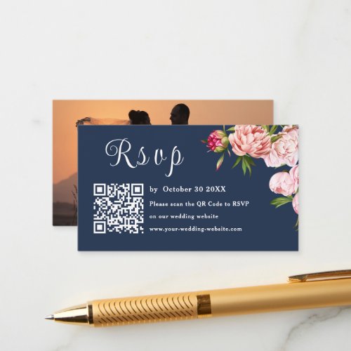 Blue Navy Blush Pink Photo Rsvp Qr Code Wedding Enclosure Card