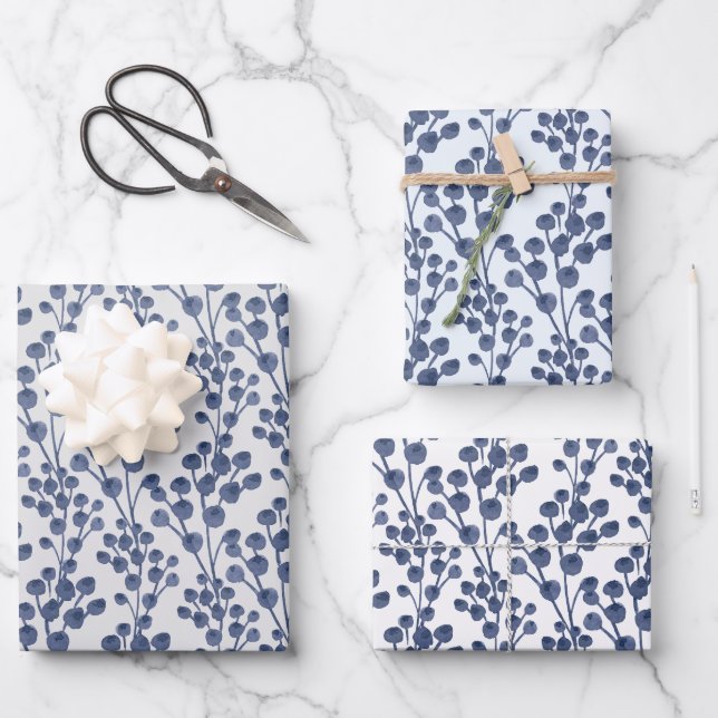 Blue Navy Botanical Wrapping Paper Sheet Set of 3 (Front)