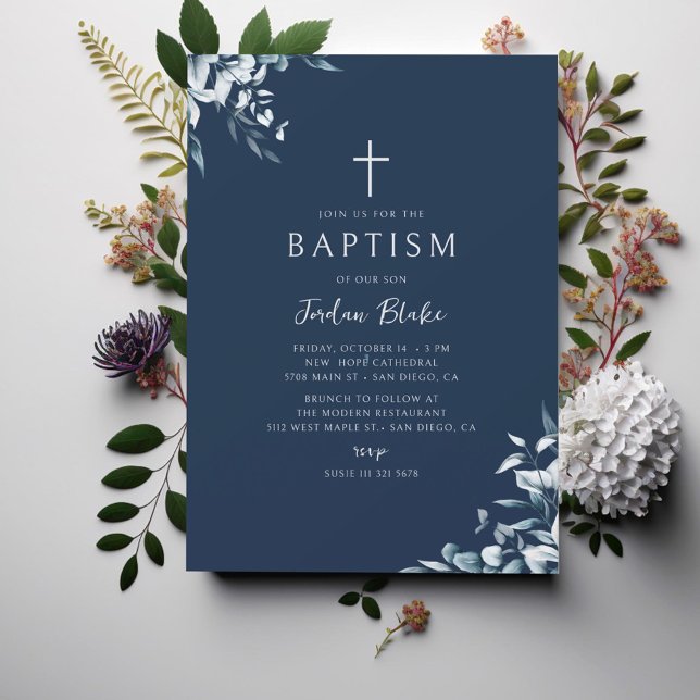 Blue Navy Boy Stylish Baptism Modern Invitation (Creator Uploaded)