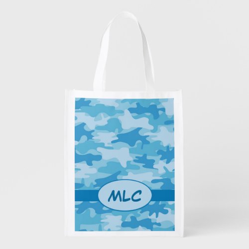 Blue Navy Camouflage Monogram Custom Grocery Bag
