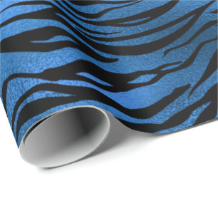 Blue Navy Cobalt Black Metallic Tiger Animal Fur Wrapping Paper