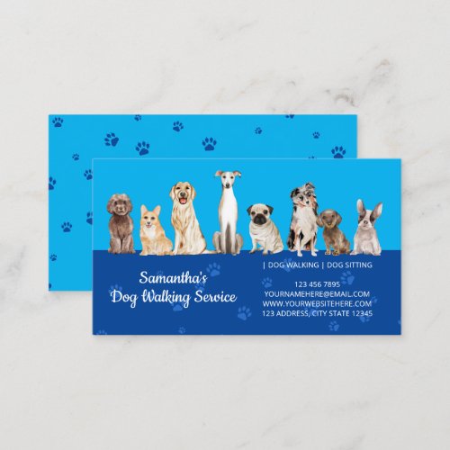 Blue Navy Cute Paws Watercolor Dogs Business Card