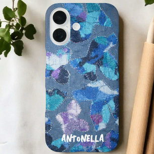 Blue navy cyan purple monogram abstract pattern iPhone 16 case