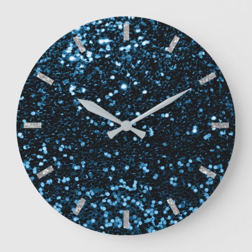 Blue Navy Deep Ocean Sparkly Faux Glitter Gray Large Clock