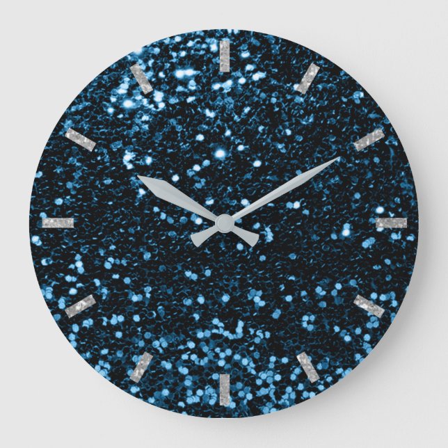 Blue Navy Deep Ocean Sparkly Faux Glitter Gray Large Clock (Front)