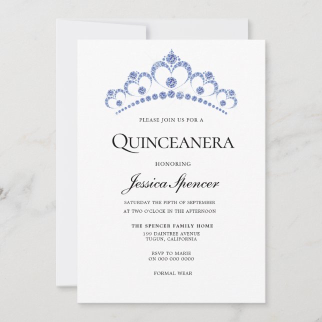 Blue & Navy Diamond Tiara Quinceanera Invite (Front)