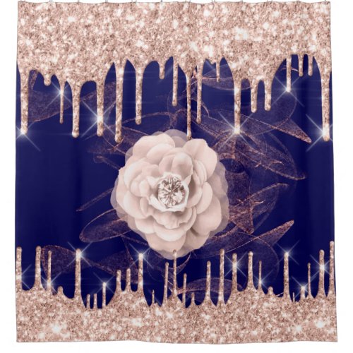 Blue Navy Drips Rose Gold Diamond Glam Shower Curtain