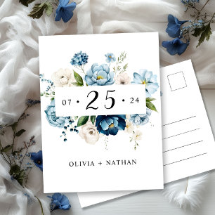 Blue Navy Elegant Cute Floral Ivory Save The Date Invitation Postcard