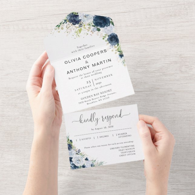 Blue Navy Floral All in One Wedding Invite (Tearaway)