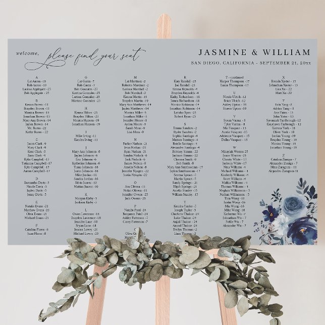 Blue & Navy Floral Alphabetical Seating Chart BGra Foam Board (Creator Uploaded)