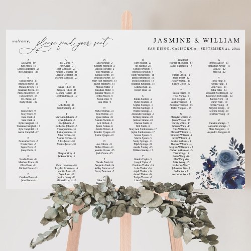 Blue  Navy Floral Alphabetical Seating Chart Foam Board