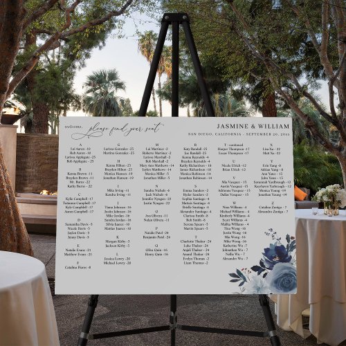 Blue  Navy Floral Alphabetical Seating Chart _ SM Foam Board