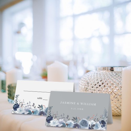 Blue & Navy Floral - Blue & Gray Place Card