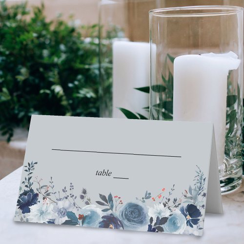 Blue  Navy Floral _ Blue Gray Place Card