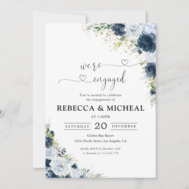 Blue Navy Floral Engagement Party Invitation (Front)