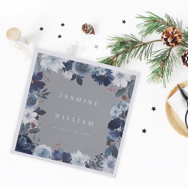 Blue & Navy Floral Name Napkins- Gray Napkins (Creator Uploaded)
