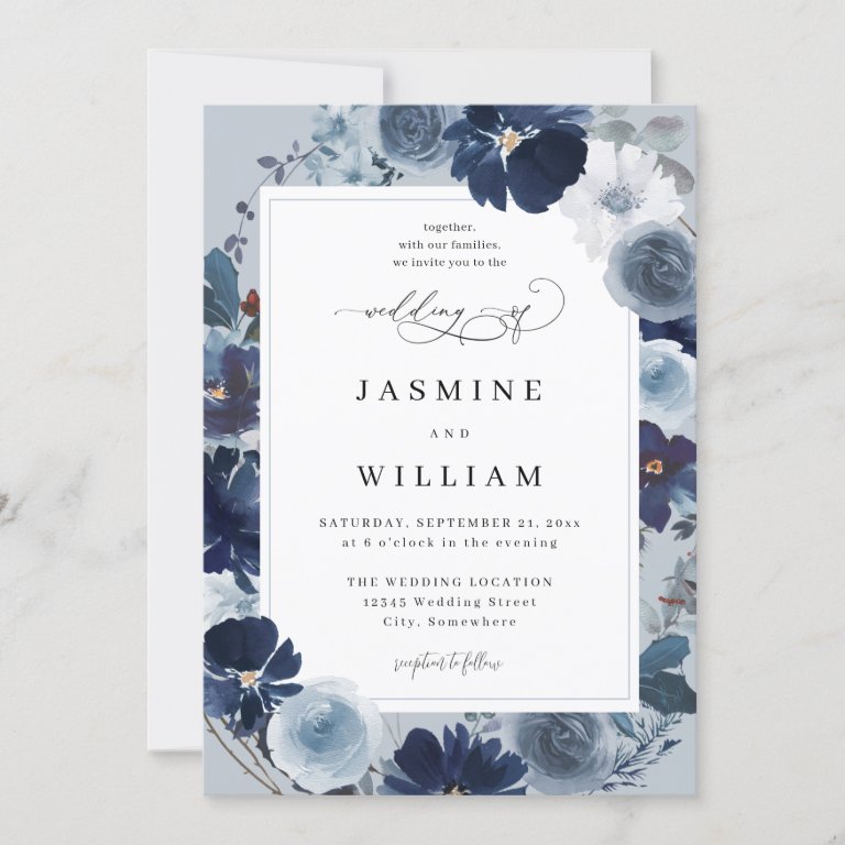 Blue &amp; Navy Floral on Dusty Blue Wedding Invitation