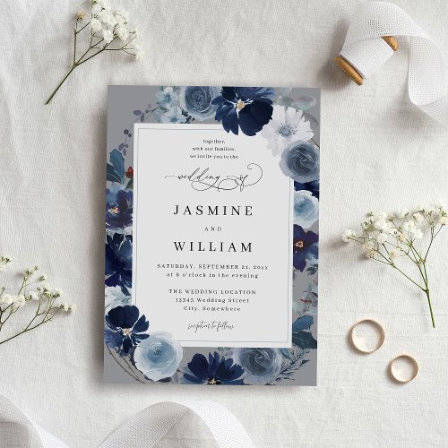 Blue  Navy Floral on Gray Wedding Invitation