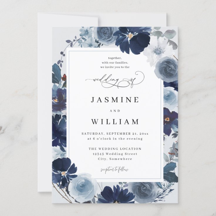 Blue & Navy Floral on Light Blue Wedding Invitation | Zazzle