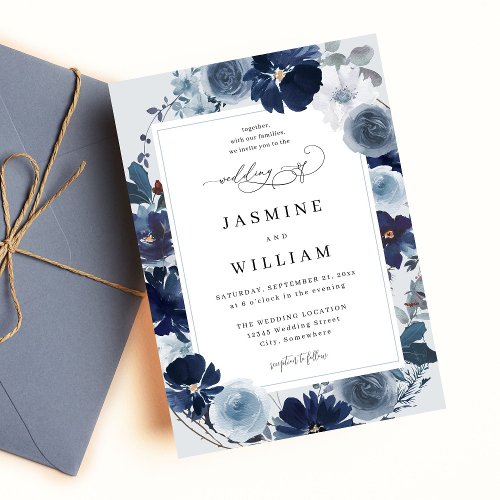 Blue  Navy Floral on Light Blue Wedding Invitation
