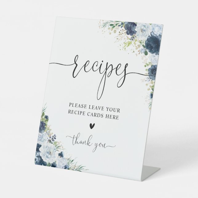 Blue Navy Floral Recipe Card Sign (Front)