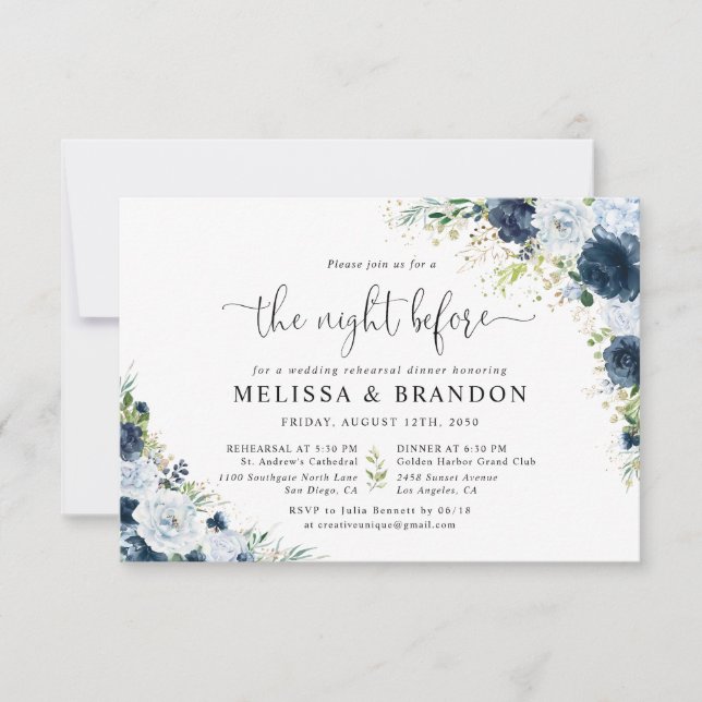 Blue Navy Floral Rehearsal Dinner Invitation (Front)
