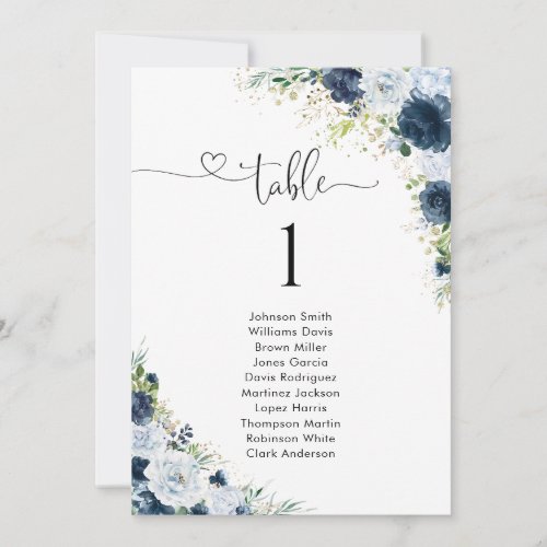 Blue Navy Floral Table Number Seating Chart