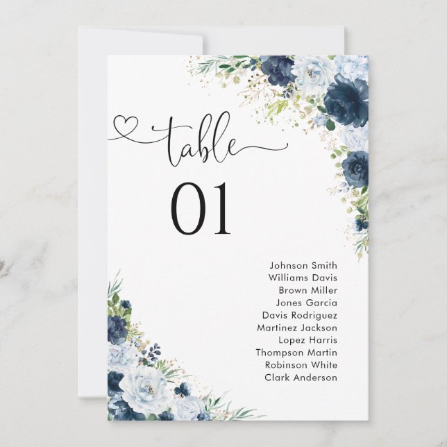 Blue Navy Floral Table Number Seating Chart (Front)