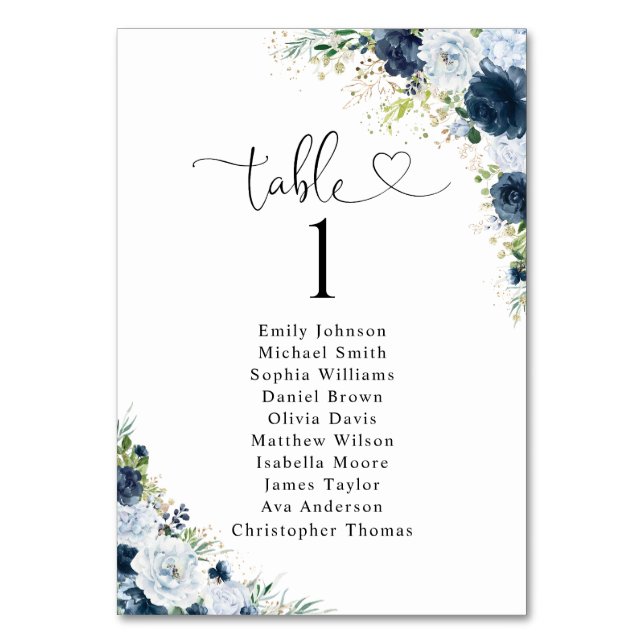 Blue Navy Floral Table Number Seating Chart (Front)
