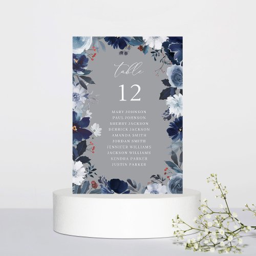 Blue  Navy Floral Table Number Seating Chart Gray