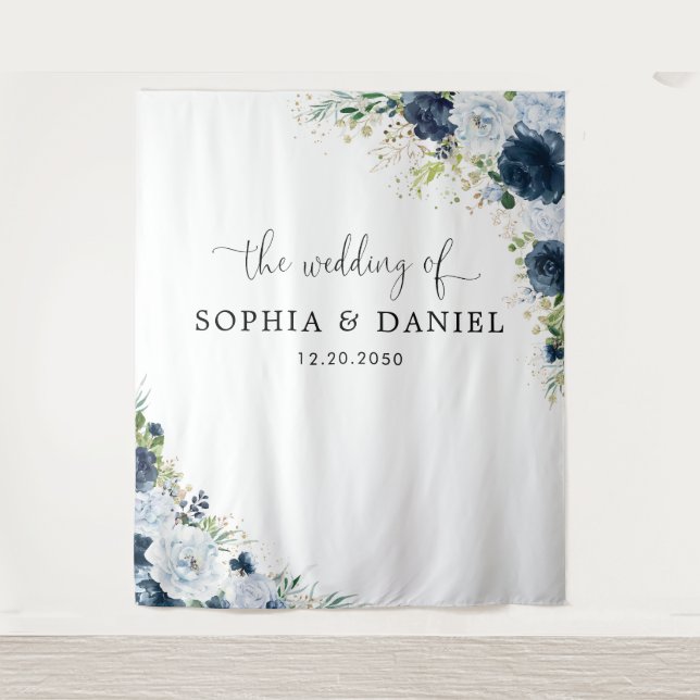 Blue Navy Floral Wedding Backdrops Banner  (Front)