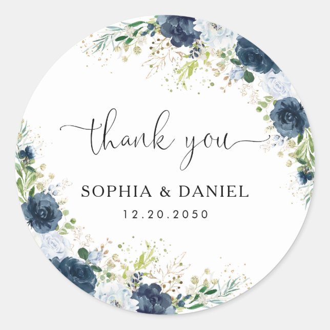 Blue Navy Floral Wedding Classic Round Sticker (Front)