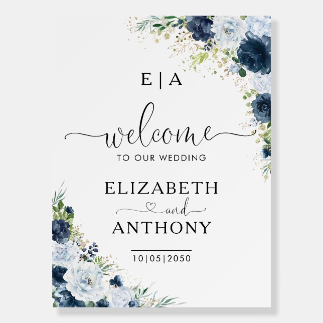 Blue Navy Floral Wedding Foam Board (Front)