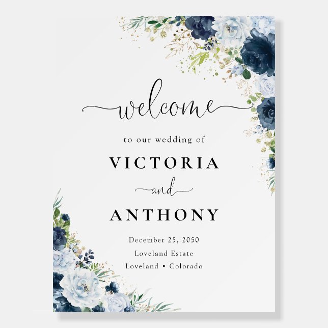 Blue Navy Floral Wedding Foam Board (Front)