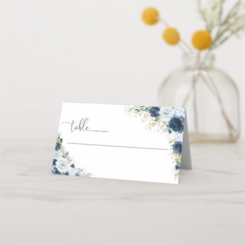 Blue Navy Floral Wedding Folded Place Card
