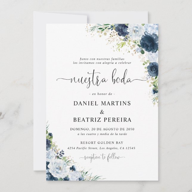 Blue Navy Floral Wedding Invitation (Front)