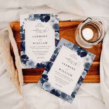 Blue & Navy Floral Wedding Invitation by M_Blue_Designs at Zazzle