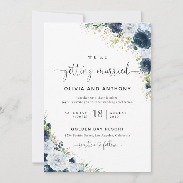 Blue Navy Floral Wedding Invitation (Front)
