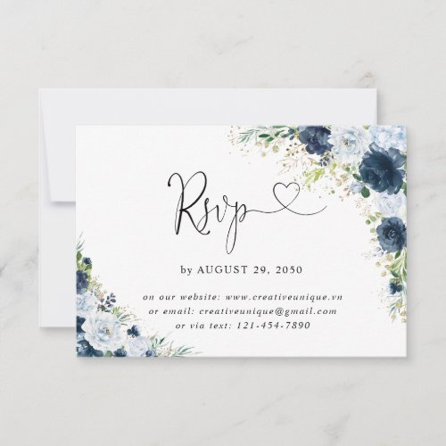 Blue Navy Floral Wedding Online RSVP Card