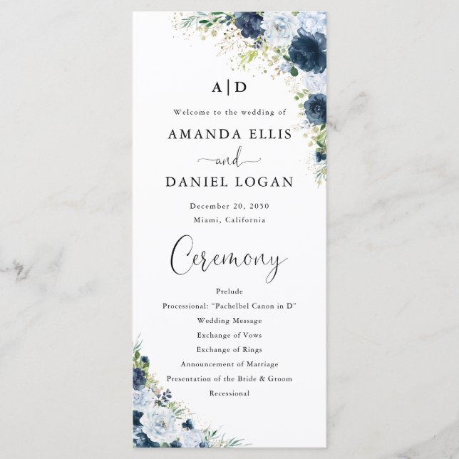Blue Navy Floral Wedding Program (Front)