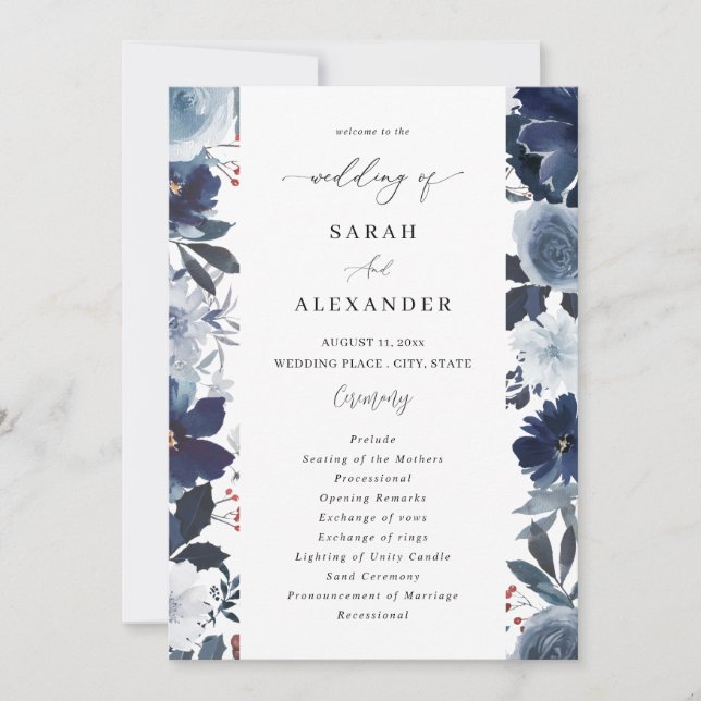 Blue & Navy Floral Wedding Program (Front)