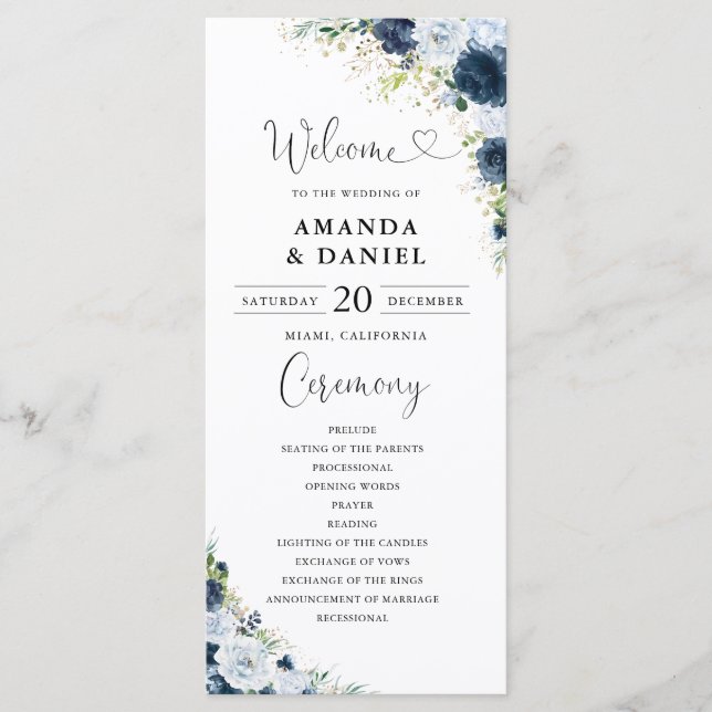 Blue Navy Floral Wedding Program (Front)