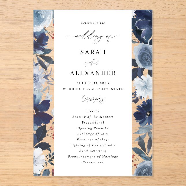 Blue & Navy Floral Wedding Program Acrylic (Front)