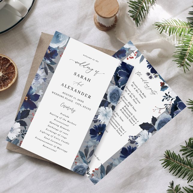 Blue & Navy Floral Wedding Program - Gray (Creator Uploaded)