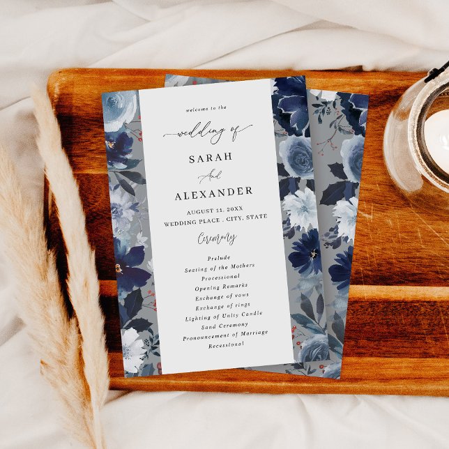 Blue & Navy Floral Wedding Program - Gray 2 (Creator Uploaded)